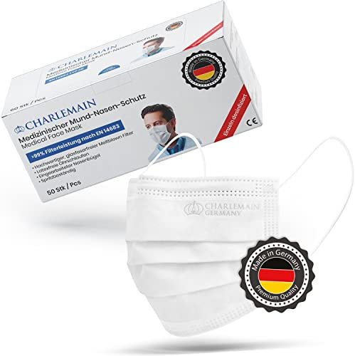 Charlemain 50x OP Masken, Made in Germany, EN 14683 Typ IIR, Medizinischer Mund-Nasen-Schutz, BFE >99,9% 3-lagig, Latexfrei, MNS, Einweg-Gesichtsmasken - Weiß
