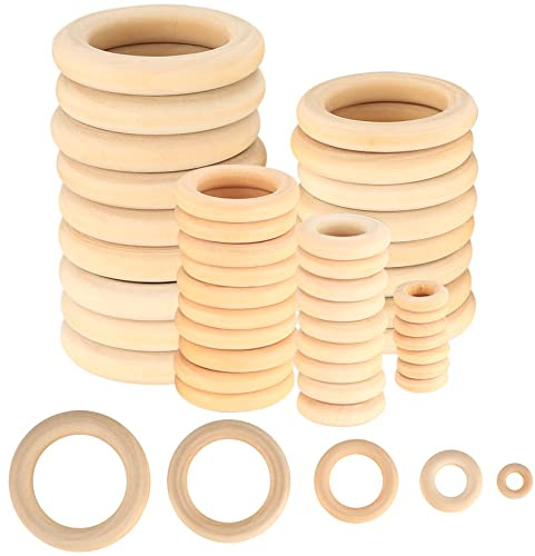 WELHAEPI 90 Pcs Natural Wooden Rings Set, 15-55mm Unfinished Craft Hoops | Unfinished Wood Craft Hoops Assortment – Natural Round Rings for Jewellery Making, Macrame, Necklace & Bracelet Pendant