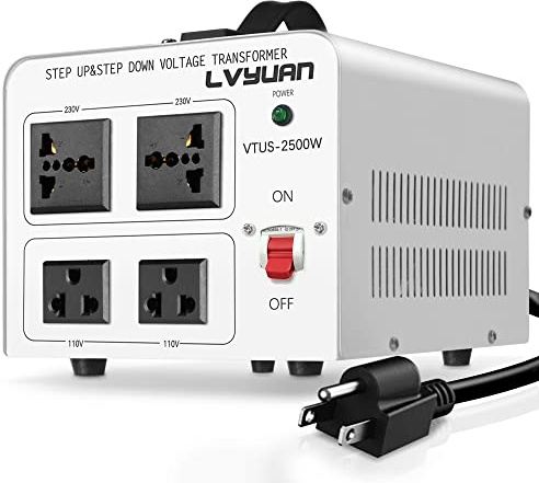 LVYUAN 2500 Watt Voltage Transformer Converter Step Up/Down Converter 110/120 Volt - 220/240 Volt with 2 US outlets, 2 Universal outlets and CE Certified,Circuit Break Protection