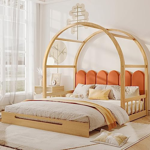 Merax lit de maison extensible en bois avec sommier à lattes, lit de jour et de toit, coussin en velours en forme de clôture, cadre en pin naturel et orange, 140 x 100/200 cm