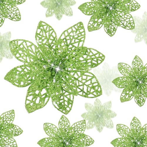 Boao - Juego de 24 adornos de árbol de Navidad, flores de Pascua, decoración de Navidad, adorno con purpurina, 8/10/15 cm, verde