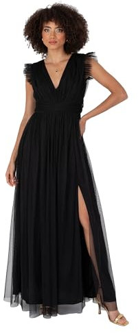 Anaya with Love Women's Maxi Dress Ladies V-Neck Short Sleeve Split Tulle A-line for Wedding Guest Bridesmaid Evening Occasion Ball Gown, Black, 12
