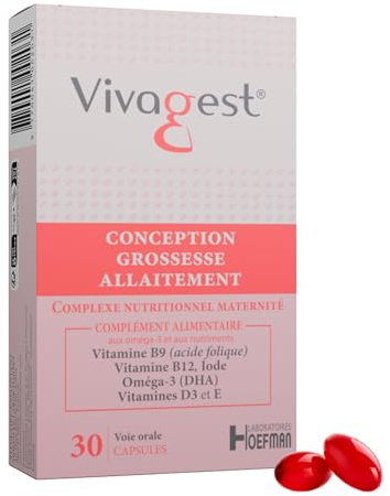 Vivagest – Complément Alimentaire Triple Action – Désir de Grossesse & Préconception, Grossesse, Allaitement – Oméga 3 DHA EPA, Complexe Vitamines B9+B12, D3, E, Iode (30 Capsules, 1 mois)