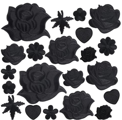 GORGECRAFT 30 Pezzo 10 Stili Toppe Termoadesive A Fiori Nero Rosa Boho Amore Cuore Foglia Toppe per Riparazione Tessuto Ricamate da Cucire Applicazioni Floreali per Jeans Maglioni Cappelli Vestiti