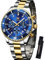 OLEVS Bicolor Uhren fur Männer Blau Zifferblatt Analog Quarz Herren Armbanduhr Edelstahl Lässig Leuchtend Groß Uhren Herren mit Datum Chronograph Wasserdicht Herrenuhren Gold Silber Metallarmband