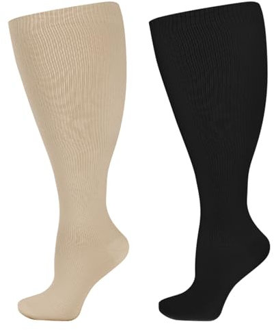 BoloShine 2 Paires Chaussettes de Contention Homme Femme, Extra Larges Chaussettes Diabétiques pour Mollets, Chaussette de Compression Grande Taille (2XL, Couleur de Peau + Noir)