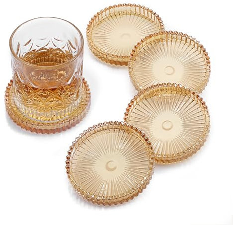 OGANAZI Modern Clear Coaster Set of 5- Glass Coasters for Drinks Crystal Coasters Round Cup Coasters Coffee Table Decor for Office, Kitchen, Bar, Dining Room, Living Room, Patio(Amber)