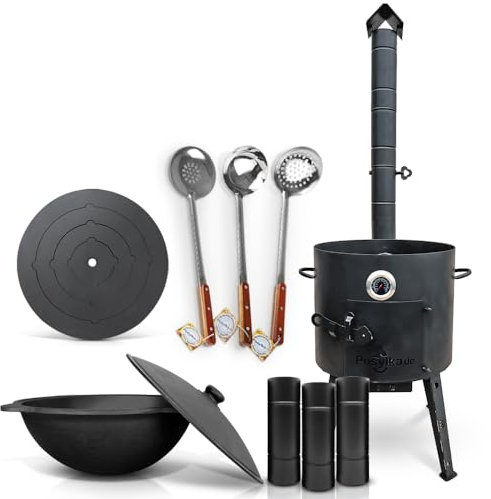 Utschak Feuerofen Ø 40 cm mit Thermometer & Ofenplatte | Gusseisen Topf 12 L, Ø 42,5 cm | Kazan-Set mit Deckel & Zubehör | Outdoor Feuerschale & Gulaschkanone | Usbekischer Kochtopf, Gartenküche