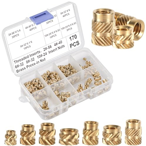 PEUTIER 170pcs Female Thread Knurled Brass Nuts (2-56, 4-40, 6-32, 8-32, 10-24) for 3D Printing & Injection Molding