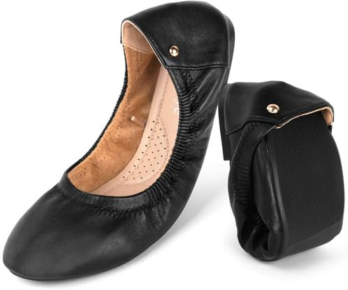 OFFCUP Roll up Shoes, Black Leather Ballet Flats, Portable Round Toe Slip On Dolly Shoes, Ballet Pumps for Women Ladies for Weddings and Parties Work Office Formal (UK 6)