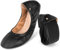 OFFCUP Roll up Shoes, Black Leather Ballet Flats, Portable Round Toe Slip On Dolly Shoes, Ballet Pumps for Women Ladies for Weddings and Parties Work Office Formal (UK 6)
