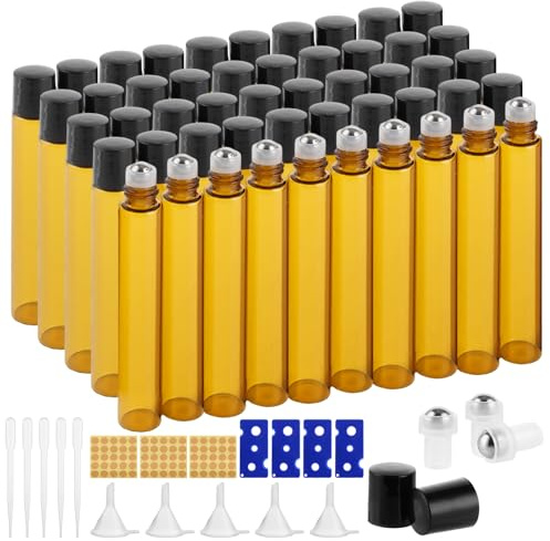 CYEER Lot de 50 Flacons Roll-on 10 ml en Verre Ambré – Bouteilles à Bille en Acier Inoxydable pour Huiles Essentielles & Parfums – Kit Complet avec Entonnoirs, Pipettes & Étiquettes pour DIY & Voyage