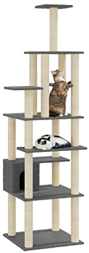 Higsose Tiragraffi per attività interne, con colonne in sisal, 74 x 74 x 183 cm, in legno e peluche, area di attività per animali, per graffi, arrampicata, seduti, nascondersi, grigio scuro