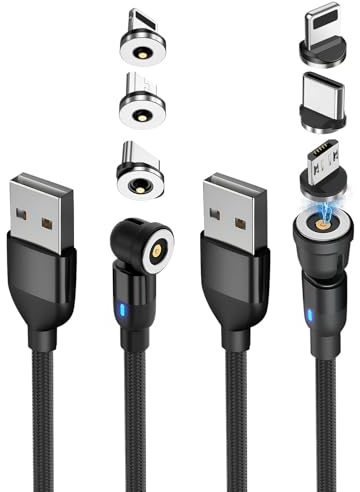 2 Pack Magnetic Charging Cable 1M & 2M with 9 Pin Strong Magnetic Connector 3-in-1 USB A to Type-C, Micro USB 360° & 180° Rotating Nylon Braided Fast Charger Cable with LED Light & Data Transfer