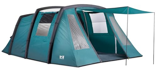 Trail Brazen 6 Man Inflatable Air Tent, Family Tunnel Camping Tent, 5000mm Waterproof, Dark Zone Bedroom, Living Area, King Pole Canopy, Removable Groundsheet, Bag & Pump (L500cm x W380cm x H210cm)