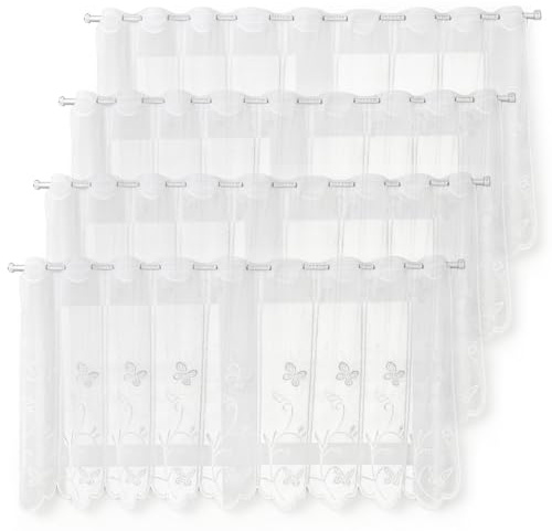 yolzhxe 4 Stück Scheibengardine Spitze, 130x45 cm Bistrogardine mit Kurzstores Blume, Weiß Halbtransparent Kurzgardine Vorhänge, Scheibengardinen Modern Küchengardine für Fenster Küche Wohnzimmer