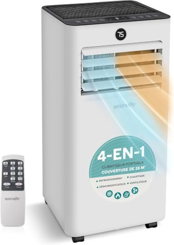 SereneLife - Aire acondicionado móvil 7000 BTU con calefacción, hasta 31 m² - Silenciador 55 dB, Deshumidificador, Ventilador, Control remoto y Pantalla LED