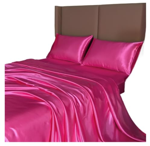 Satinbäddset Satinlakan, Queen size-sängset, silkeslen säng 4 delar, 1 lakan med djup ficka + platt + 2 örngott (Rose Red, King)