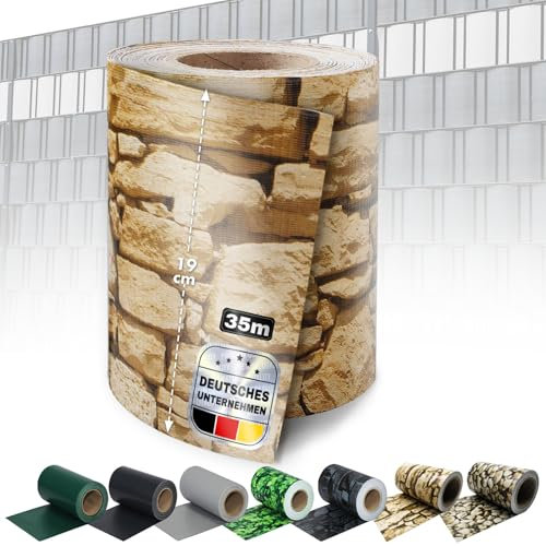 Floordirekt Sichtschutzstreifen 19 cm x 35 m mit Befestigungsclipse | Sichtschutzfolie | Windschutz | Stabmattenzaun | Gartenzaun | Blickdicht | Für Gittermatten-Zäune | Stein-Optikgrob