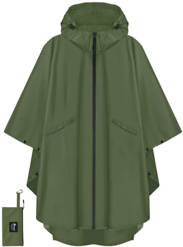 PTEROMY Hooded Rain Poncho for Adult with Pocket and Zipper, Waterproof Lightweight Raincoat for Men and Women (Green)