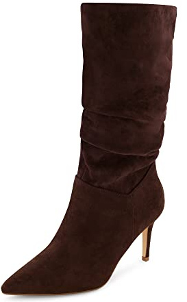 CUSHIONAIRE Women's Porsha Slouchy Vegan Suede Mid-Calf Scrunch Boot with Pointed Toe, Memory Foam & 3-Inch Heel | Wide Widths Available CHOCOLATE 8.5