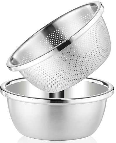 POPGRADE 3.5 QT Stainless Steel Colander & Mixing Bowl Set, Rice Strainer & Fruit Cleaner, Vegetable Washing Colander with Salad Mixing Bowl (2pcs)