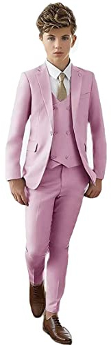 Costume à revers pour garçon, coupe ajustée, blazer, gilet, pantalon, costume de fête pour garçons, costume formel pour enfant, smoking de mariage, rose, 14 ans