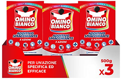 Omino Bianco - Additivo Lavatrice Totale in Polvere 5 Azioni in 1 per Bucato, Azione Smacchiante e Igienizzante, 500 g x 3