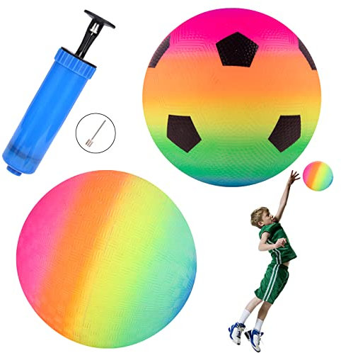 2 pezzi Bouncy Kickball in PVC per bambini, palla da gioco arcobaleno, pallone da calcio, softball, pallone da spiaggia con pompa, palla arcobaleno multicolore, palla da calcio da 8.5 pollici