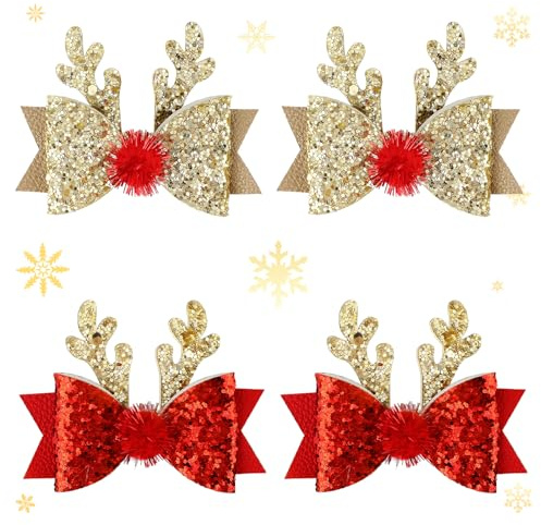 2 Pairs Christmas Hair Clip - Christmas Reindeer Antlers Headdress, Cute Bow Ties Antlers Ears Hair Pins, Christmas Party Hair Accessories for Girls Women (Gold & Red)