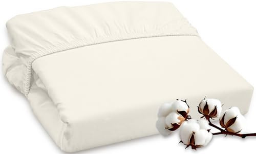 ROYALE LINENS 300 Thread Count 100% Long Staple Combed Cotton Fitted Sheet Full - Super Soft Deep Pocket Bottom Sheet - Fitted Sheets Only - Elastic Sheets (Full, Cream)
