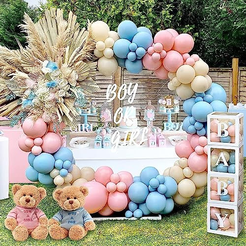 QIFU Set di 180 decorazioni babye + 166 palloncini per rivelare il genere + 4 scatole per palloncini con lettere 'BABY' per baby shower