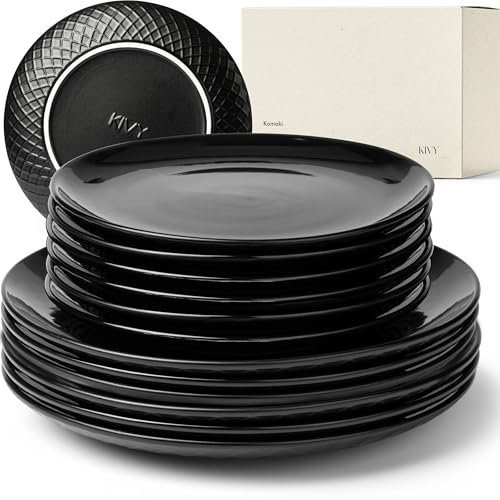 KIVY Vajilla para 6 Personas - Set 12 Platos Moderno [Resistente a Arañazos y Lavavajillas] 6 x 27 cm + 6 x 22 cm - Negro Mate