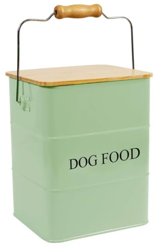 Geyecete Métal Conteneur Croquette Chiens-6L Boîtes pour Nourriture et friandises Animaux-Hermétiques Bois Couvercles-Acier Carbone revêtu -Bac Croquette chien avec Poignée-Vert