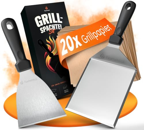 flammtal Originalet: Smash Burger set med 20 x civila papper – grillspatelset av rostfritt stål – högkvalitativ hyllspatel – diskmaskinssäkra grillspatlar för teppanyaki