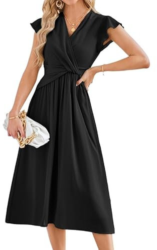 JASAMBAC Women's Chiffon Dress with Ruffle Flutter Sleeves, Summer Midi A-Line Wedding Guest Dress in Black
