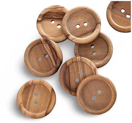 10 Stück flach echt Olivenholz Holzknöpfe 2 Loch europäische Fertigung sichtbare Maserung erhöhter Rand Natur (15mm)