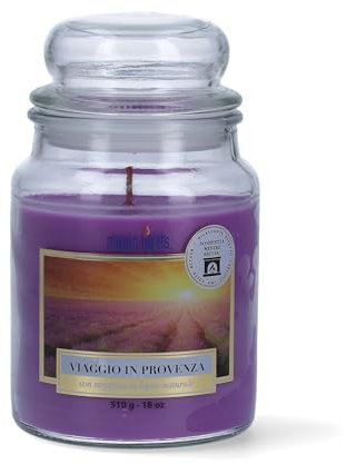 Magic Lights - Candela giara 510 gr Viaggio in Provenza - Lavanda con cera vegetale min. 75% - stoppino in legno naturale che scoppietta, Made in Italy