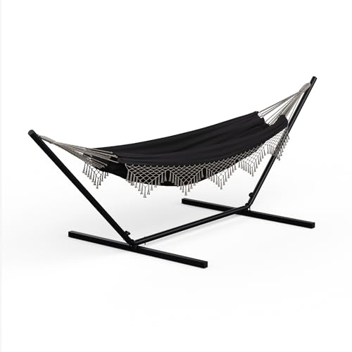 blumfeldt SwayStation Hamaca de Jardín – Hamaca de Exterior y Terraza, Capacidad 160kg, Resistente a la Intemperie, Ganchos Antioxidantes, Tela Poliéster/Algodón, Diseño Boho, Gris Oscuro