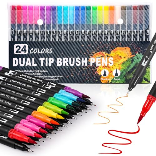 joyoldelf Feutres Coloriage Adulte - 24 Couleurs Feutre Tooli Art, Double Pointe Feutre Aquarelle Pour Dessin, Mandalas, Manga, Doodling, Brush Pen Marqueur Pour DéButants et Artistes