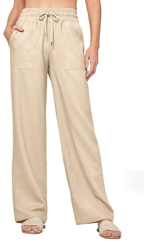 Willit Women Linen Pants Wide Leg Casual Palazzo Pants Cotton Linen Lounge Beach Summer Pants with Pockets 31 Khaki L