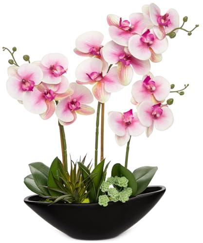 Oairse Flores artificiales de orquídea de 18 pulgadas, flores de seda rosas con maceta de cerámica negra, arreglo grande de falaenopsis sintética para el hogar, oficina, sala de estar, mesa de centro