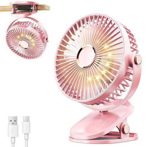 iNeibo Portable Clip on Fan with LED Lights, 4000mAh Battery Operated USB Desk Fan, 4 Speed,720° Rotation, Quiet Rechargeable Mini Table Fan for Home Office Stroller Camping (Pink)