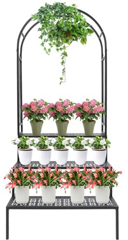 Support de plantes à 3 niveaux avec arche de jardin, support de pot de fleurs, étagère de présentation, tonnelle de jardin pour plantes grimpantes, intérieur et extérieur, escalier à fleurs, étagère