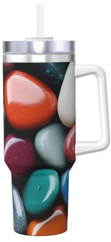 Colored stones Print Insulated Ice Cup, 40 OZ with Handle Travel Mug Metal Sports Water Bottle Jug, Large Coffee Mug