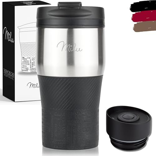Milu Thermobecher Kaffee to go - 300ml - 100% Auslaufsicher – Isolierbecher, Kaffeebecher, Trinkbecher aus Edelstahl - Autobecher doppelwand Isolierung - Travel Mug (Schwarz)