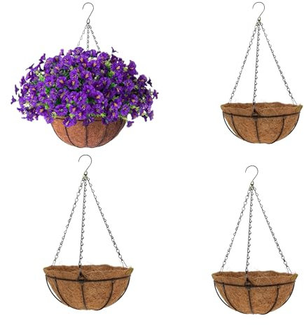 Aflorshope 4-Piece Hanging Basket Planter Set, Modern Iron & Coconut Fiber, Brown, 20 CM, Indoor & Outdoor