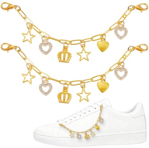 SOFPLATE 2Pcs Shoe Charm Chain Gold Shoe Decoration Chains Brass Alloy Rhinestone Star Heart Crown Charms Hanging Clips with Lobster Claw Clasps Shoelace Pendant for Sneaker Boots Handbag Bag Clothing