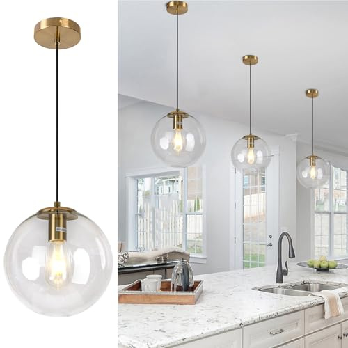 passong Modern Gold Globe Pendant Light, 10 Mid Century Brushed Brass Hanging Pendant Light Fixtures with Clear Glass for Kitchen Island Dining Room Bedroom Hallway Foyer, Adjustable Height