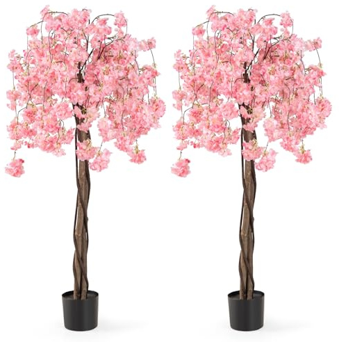 Goplus 5.5FT Artificial Cherry Blossom Tree, 2 Pack Pink Fake Flower Tree, Faux Floral Plant Blooming Tree in Nursery Pot, Tall Potted Artificial Tree for Indoor Home Office Porch Decoration